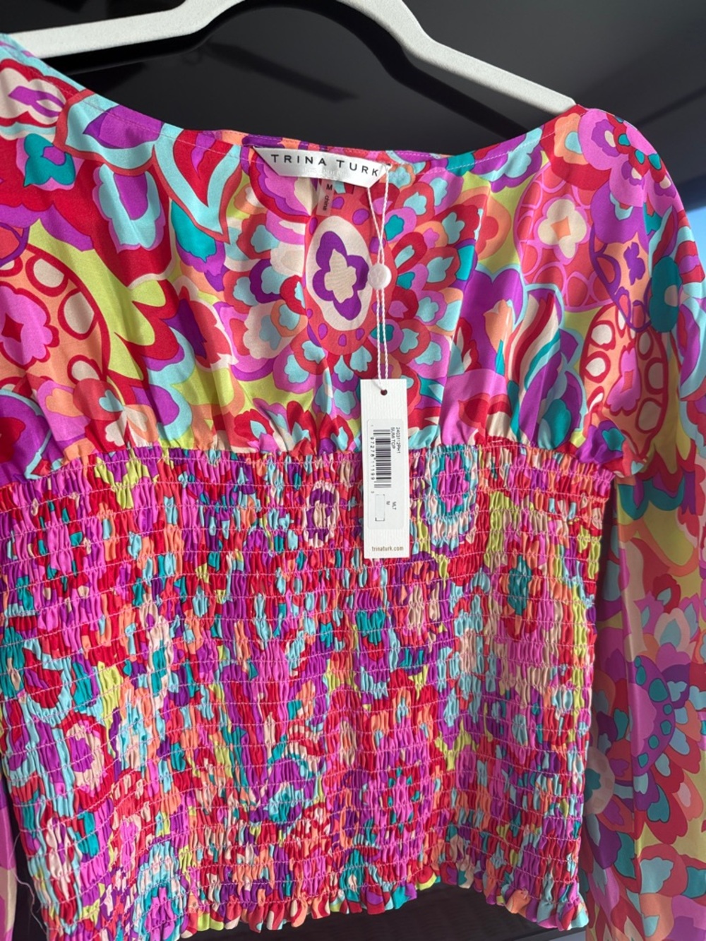 Trina Turk Pink Multicolor Floral Smocked Top - Picture 5 of 6